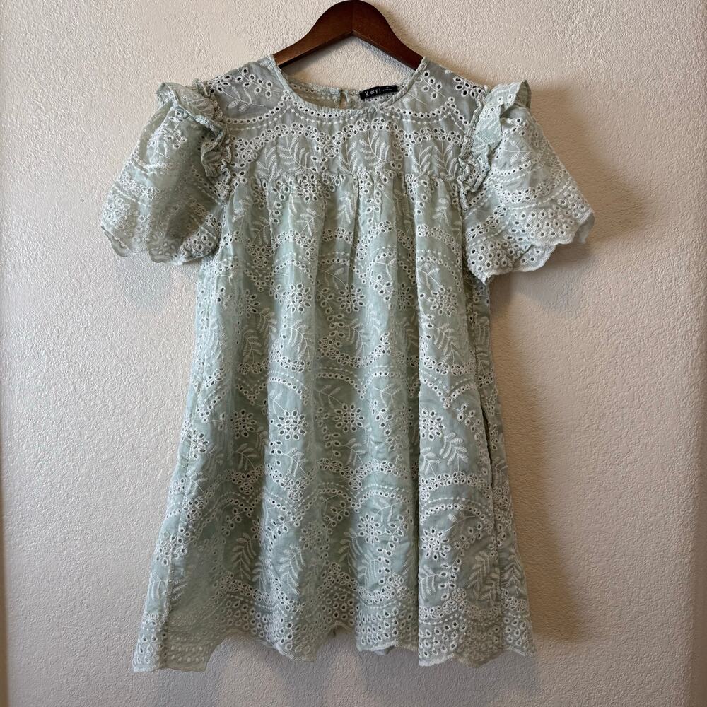 Very J Sage Green Eyelet Embroidered Ruffle Mini Dress Size Medium